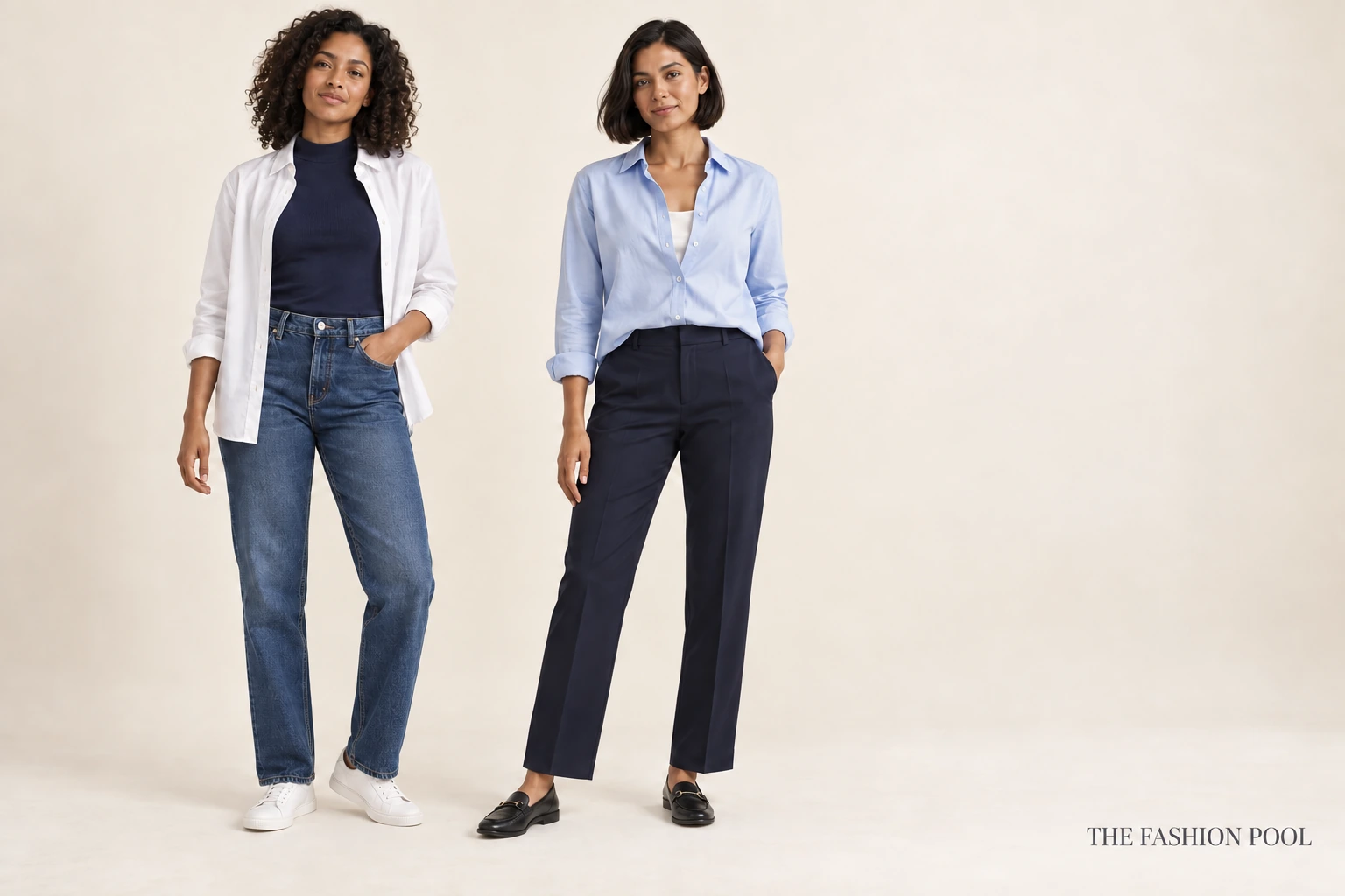 White open shirt over a navy tank with jeans and sneakers, beside a pale-blue shirt over an ivory camisole with navy trousers and loafers.