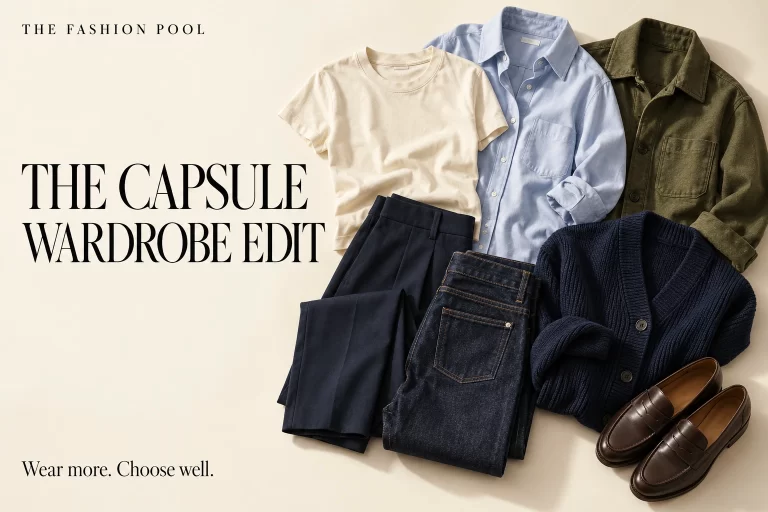 Capsule wardrobe flat lay with a cream T-shirt, blue shirt, navy pants and cardigan, dark jeans, olive jacket and brown loafers.