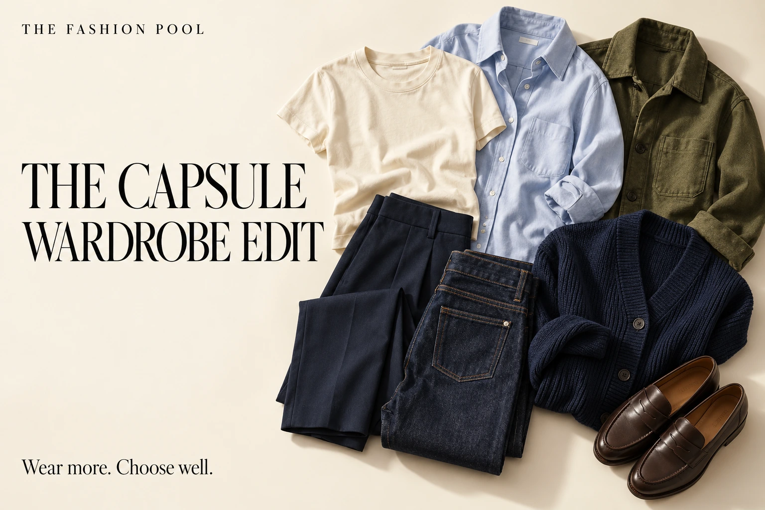 Capsule wardrobe flat lay with a cream T-shirt, blue shirt, navy pants and cardigan, dark jeans, olive jacket and brown loafers.