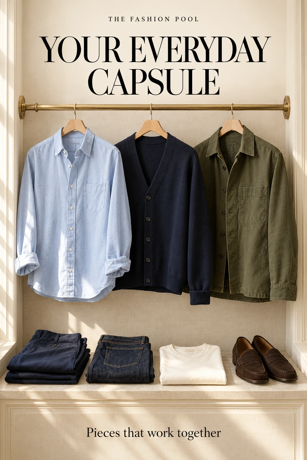 Illustrated wardrobe with a blue shirt, navy cardigan and olive jacket hanging above folded basics and brown loafers.
