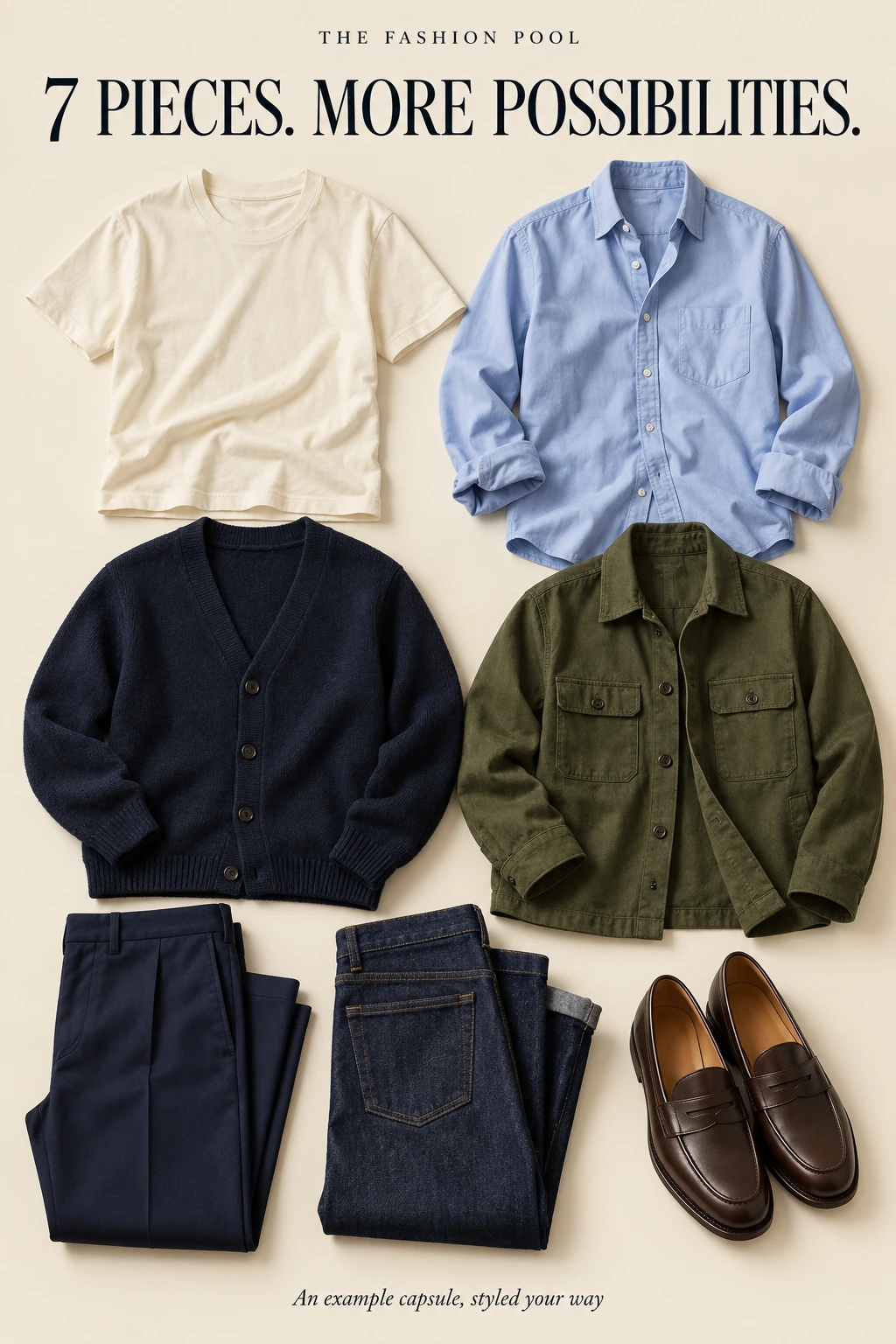 Seven-piece capsule wardrobe for women with a cream T-shirt, blue shirt, navy cardigan, olive jacket, navy pants, dark jeans and brown loafers.