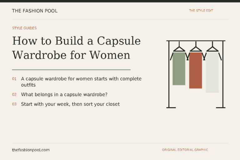 Editorial guide graphic: How to Build a Capsule Wardrobe for Women. A capsule wardrobe for women starts with complete outfits; What belongs in a capsule wardrobe?; Start with your week, then sort your closet