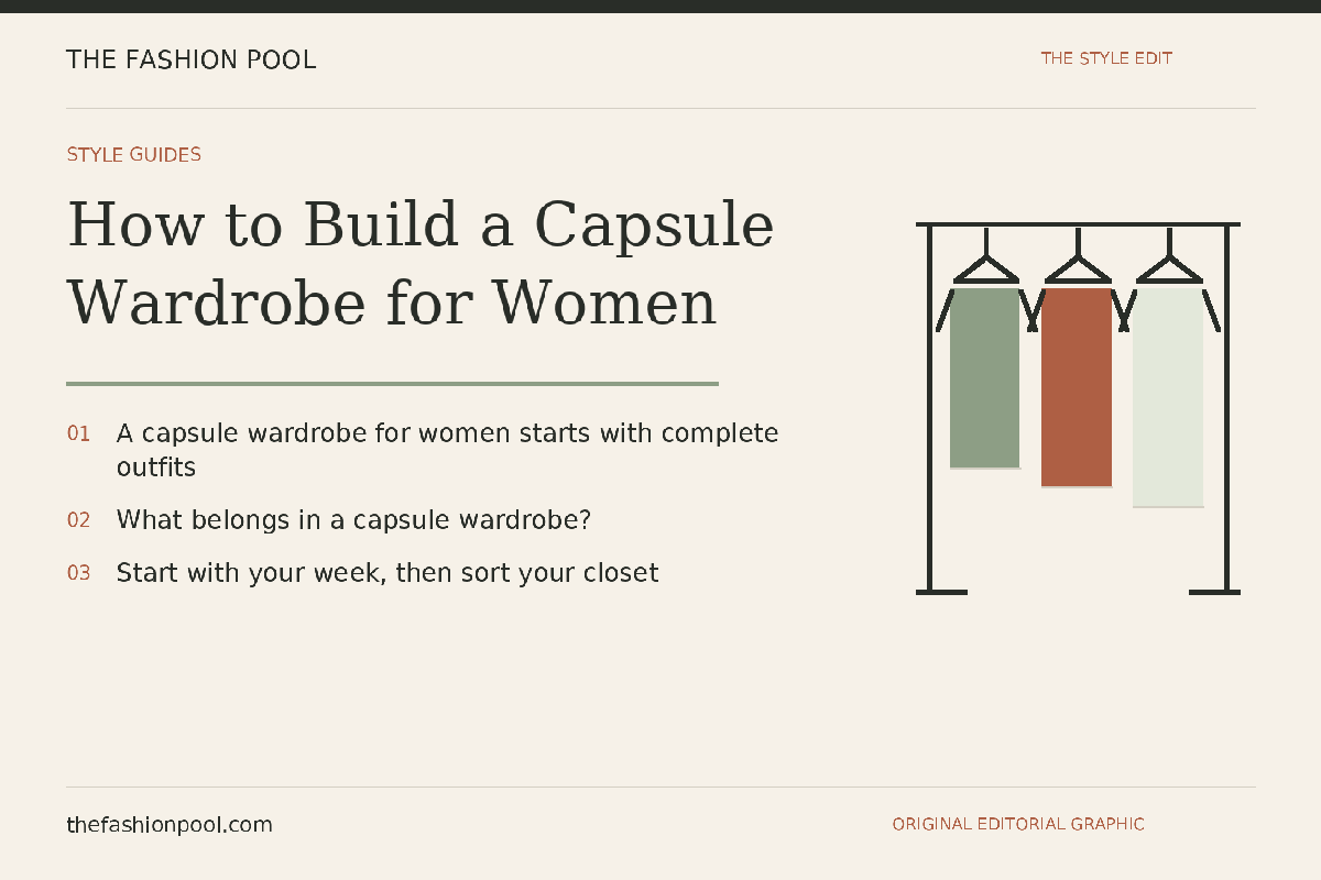 Editorial guide graphic: How to Build a Capsule Wardrobe for Women. A capsule wardrobe for women starts with complete outfits; What belongs in a capsule wardrobe?; Start with your week, then sort your closet